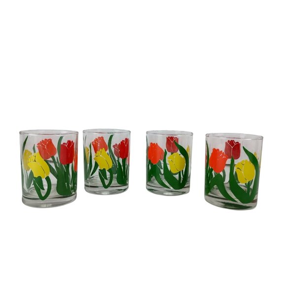 Set Of 4 Vtg Retro Anchor Hocking Lowball Rocks Glasses with Multicolor Tulip - Picture 2 of 7